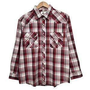 Coevals Club Mens Large Western Shirt Pearl Snap Roll Tab Long Sleeve Plaid Red
